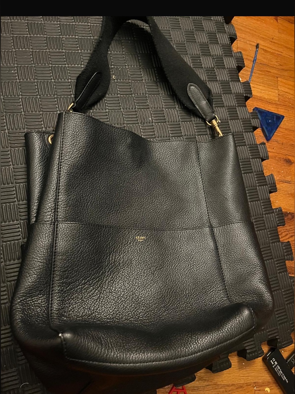 Celine Black Pebbled Leather Hobo Shoulder Bag with Wide Strap